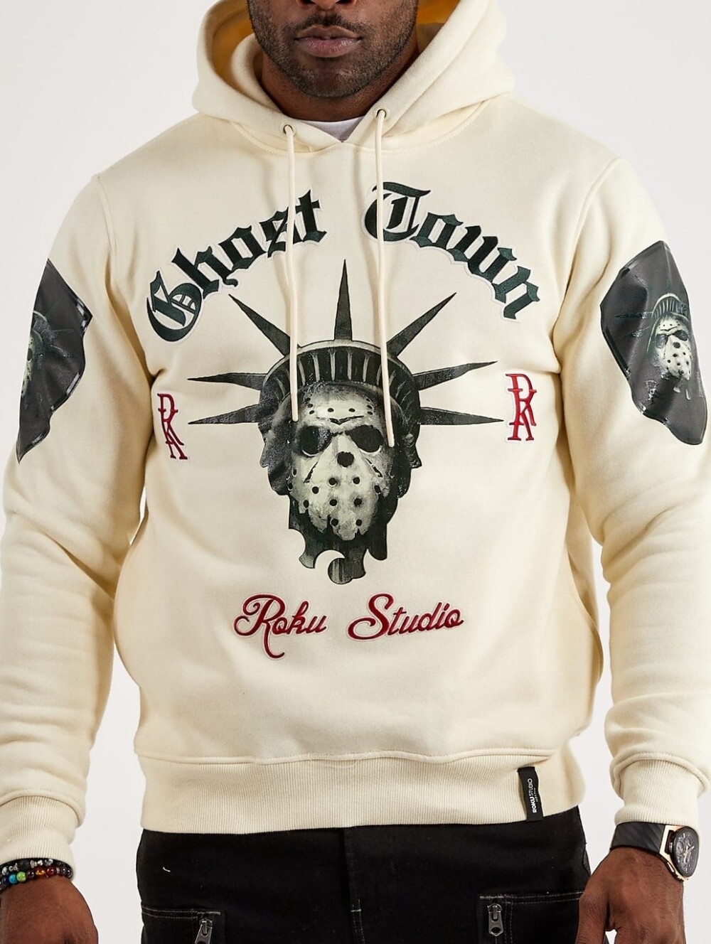 Roku Studio Cream 'Ghost Town' Graphic Hoodie with Black & Red Prints. Sz S